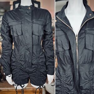 Kaylee Kollection Black Long Sleeve Front Zip Romper w/ Ruching, Sz L